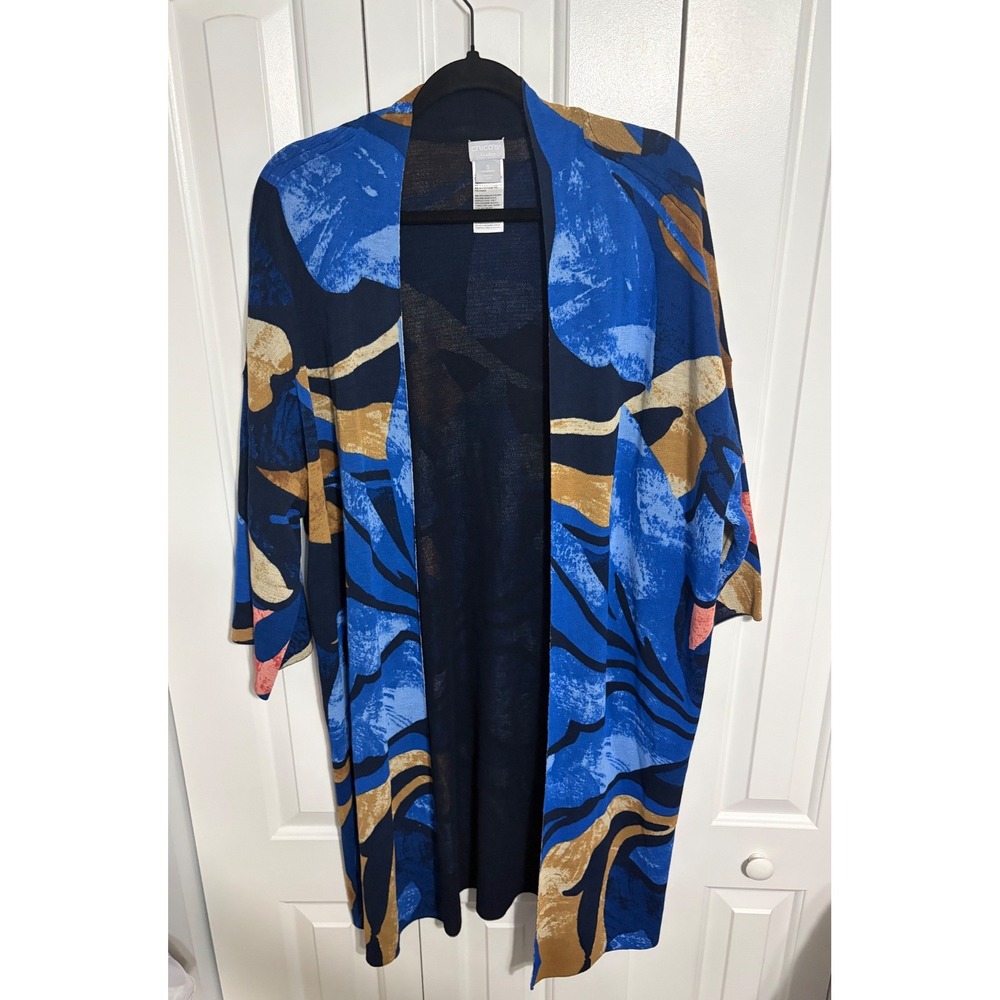 Chico's Travelers Kimono Cardigan Abstract Blue Gold Open Front XL 3 Art To Wear - Picture 2 of 6